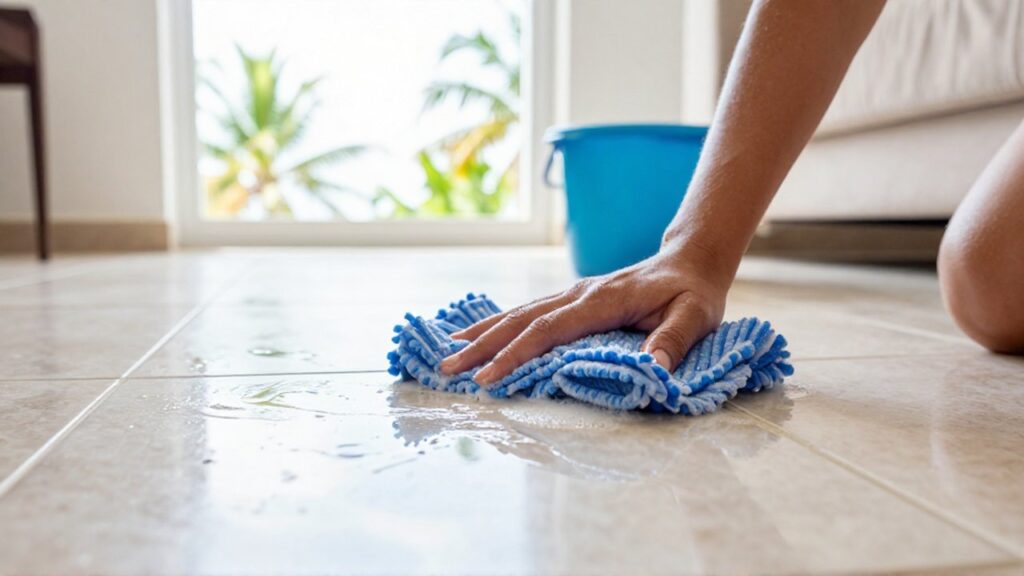 A person uses a microfiber mop to clean shiny ceramic floor tiles in a sunlit living room.