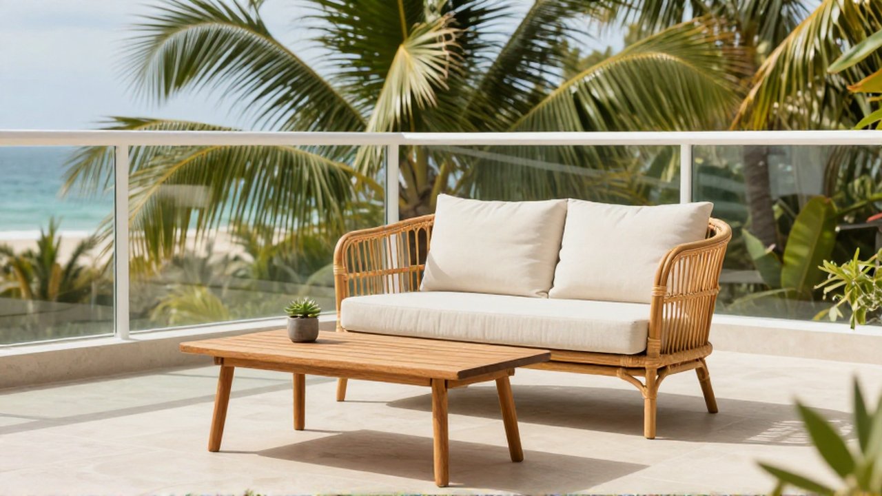 A rattan loveseat and wooden coffee table arranged on a bright, tropical balcony overlooking the coast.