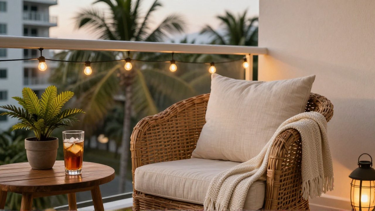 A cozy balcony lounge at twilight with a wicker armchair, iced tea, and tropical plants.