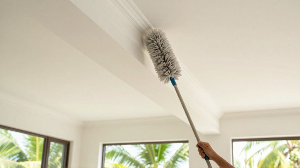 A person uses a telescopic duster to clean high white crown molding in a bright