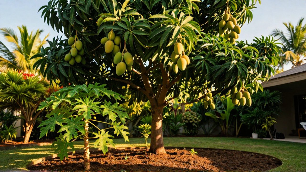 A ripening mango tree with heavy fruit clusters stands next to a small papaya plant in a sunlit tropical garden.