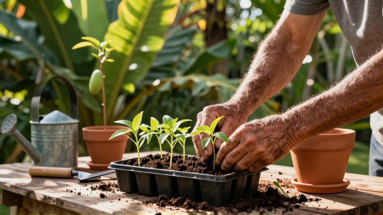 Weathered hands transplant pale green seedlings into a terracotta pot on a wooden garden workbench.