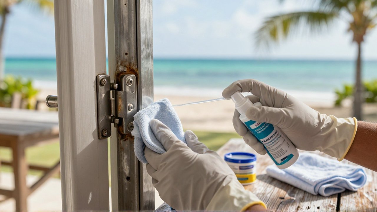 Gloved hands apply protective sealant to a stainless steel hinge on a coastal patio.