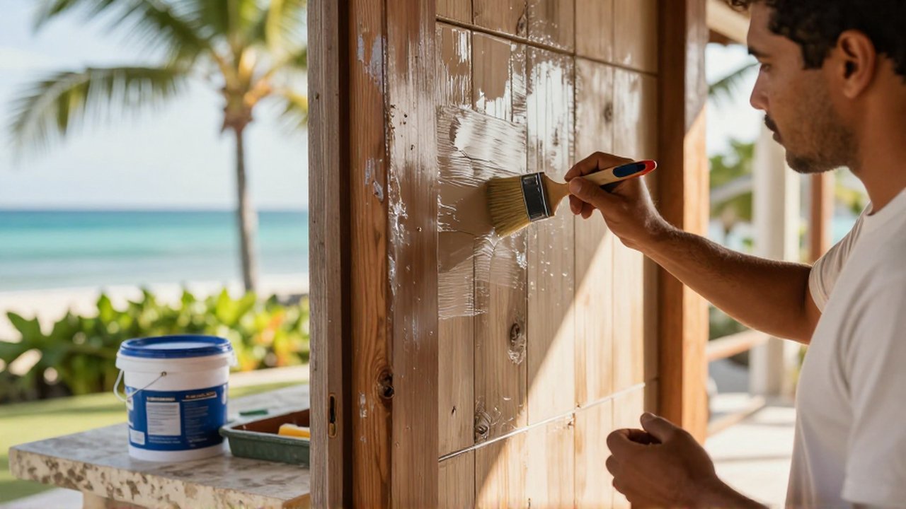 A maintenance worker applies a clear protective coat to a weathered wooden wall on a tropical terrace.