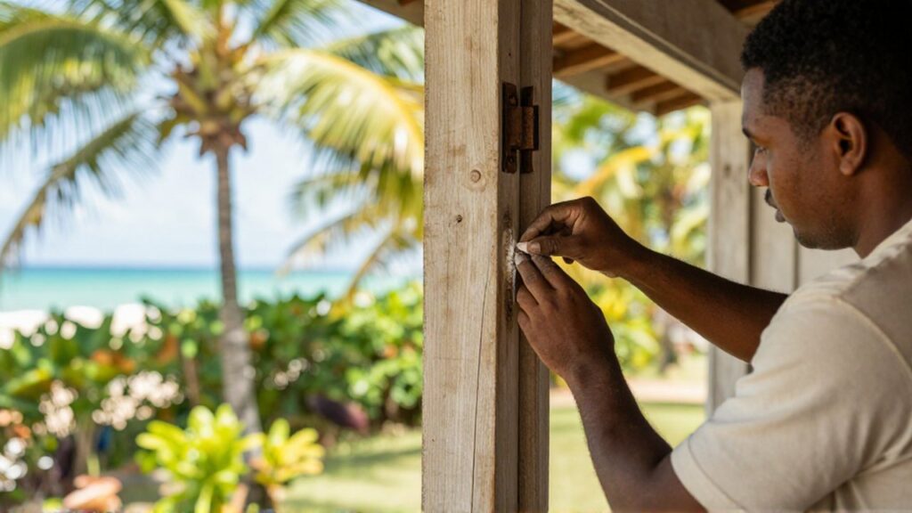 A maintenance worker inspects a weathered wooden window frame and metal hinges on a tropical veranda.