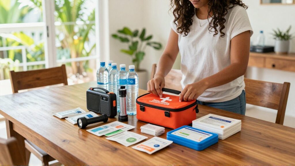 A mother organizes a hurricane emergency kit with a first aid kit