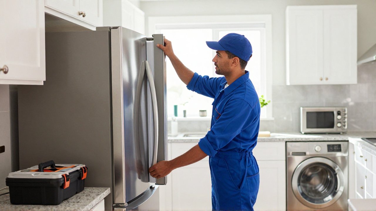 A professional technician installs a stainless steel refrigerator in a bright, modern kitchen.