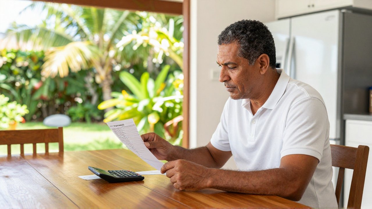 A middle-aged man sits at a dining table, carefully reviewing a utility bill and a budget spreadsheet.