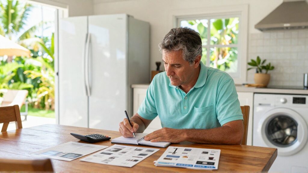 A middle-aged person calculates expenses using a notebook and appliance brochures in a bright