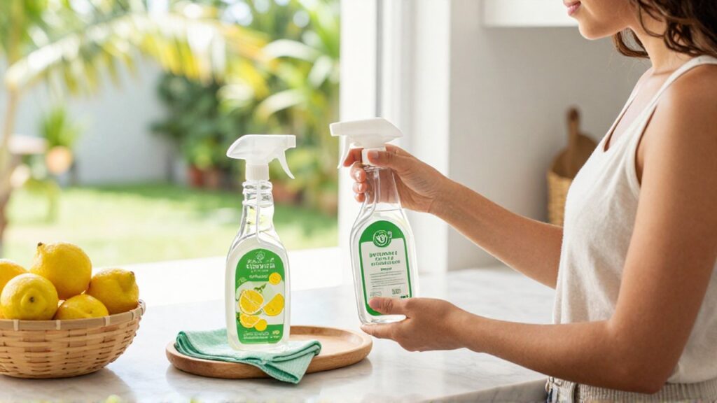 A young woman inspects natural cleaning supplies on a marble countertop in a sunlit kitchen.