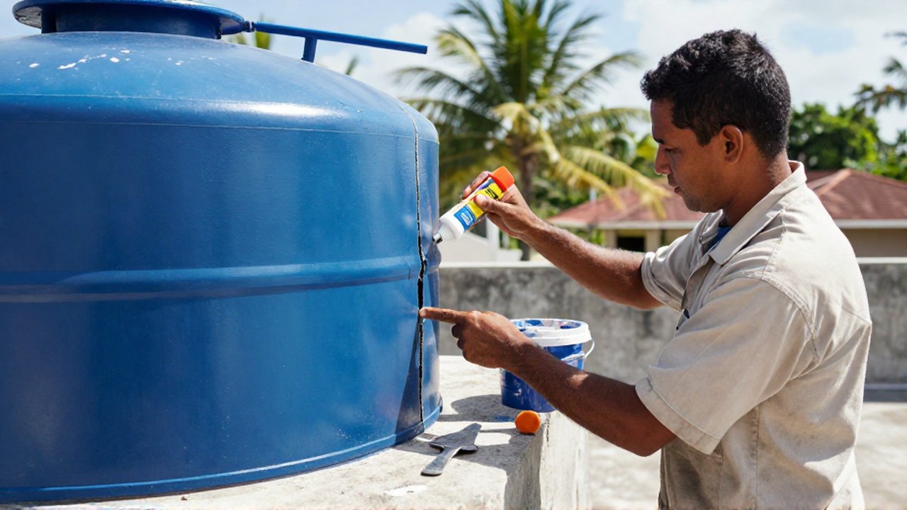 A handyman applies a waterproof sealant to a vertical crack on a blue water tank on a sunny rooftop.