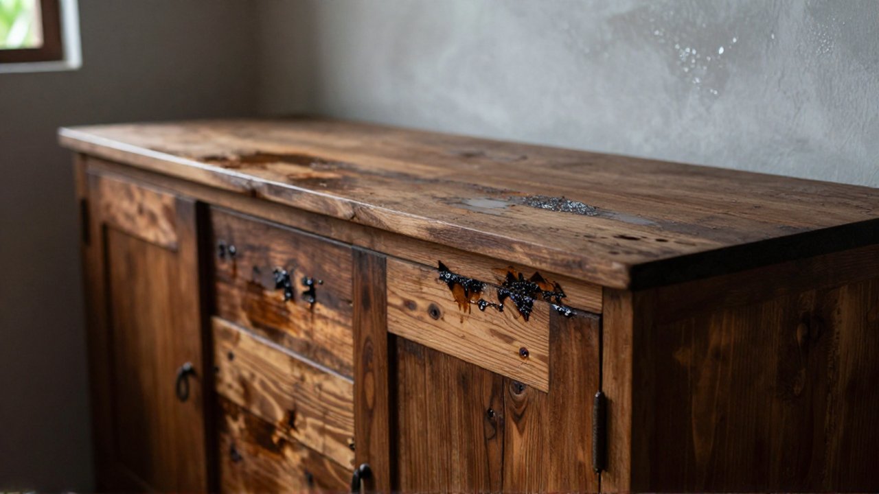 Close-up of water damage and dark moisture stains on the weathered wood of a sideboard.