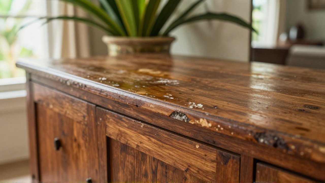 Macro shot of a vintage wooden sideboard showing white mold and warped grain from moisture.