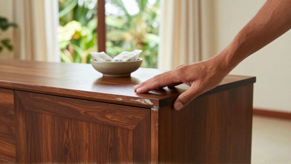 A hand touches the corner of a mahogany sideboard showing white moisture damage in a sunlit room.