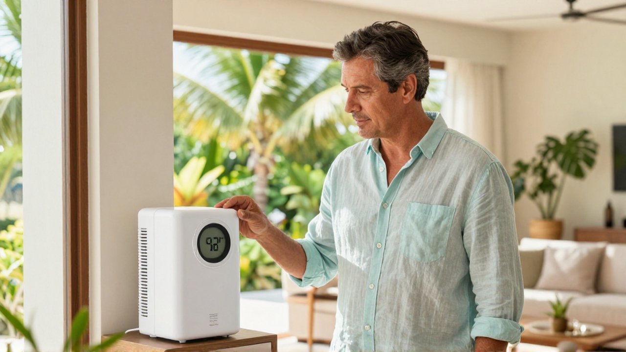 A man in a sunlit living room checks a digital energy meter and a dehumidifier.
