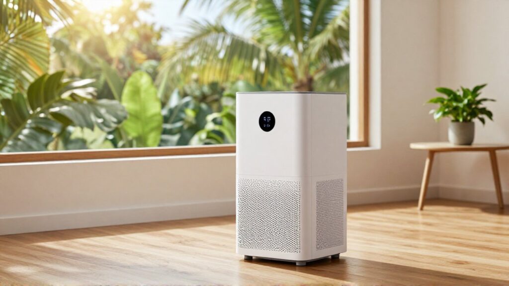 A sleek electric dehumidifier sits on a wooden floor near a window overlooking tropical greenery.