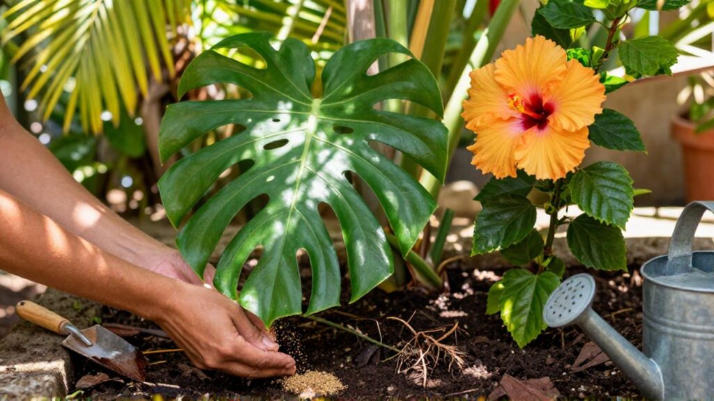 Hands carefully sprinkle granular fertilizer onto the soil around a Monstera and Hibiscus plant.