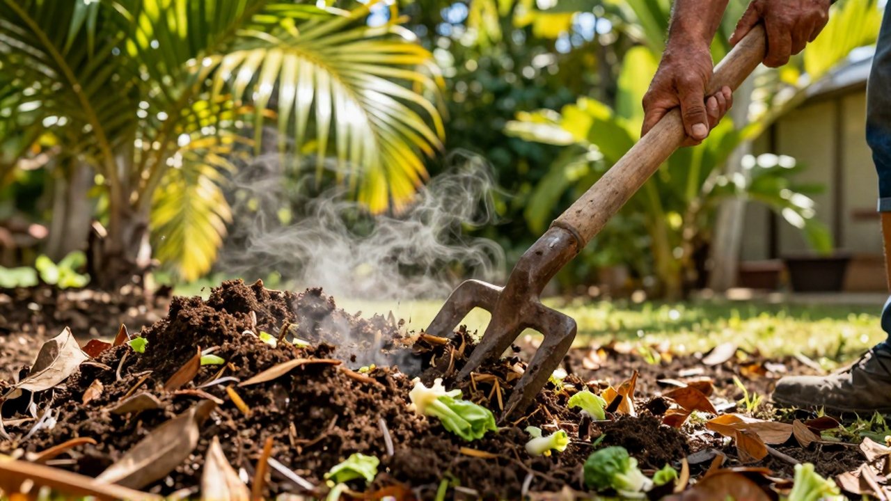Weathered hands use a wooden pitchfork to turn steaming compost in a lush tropical garden.