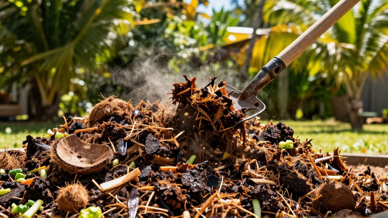 A metal pitchfork turns a steaming compost pile of organic matter in a tropical garden.