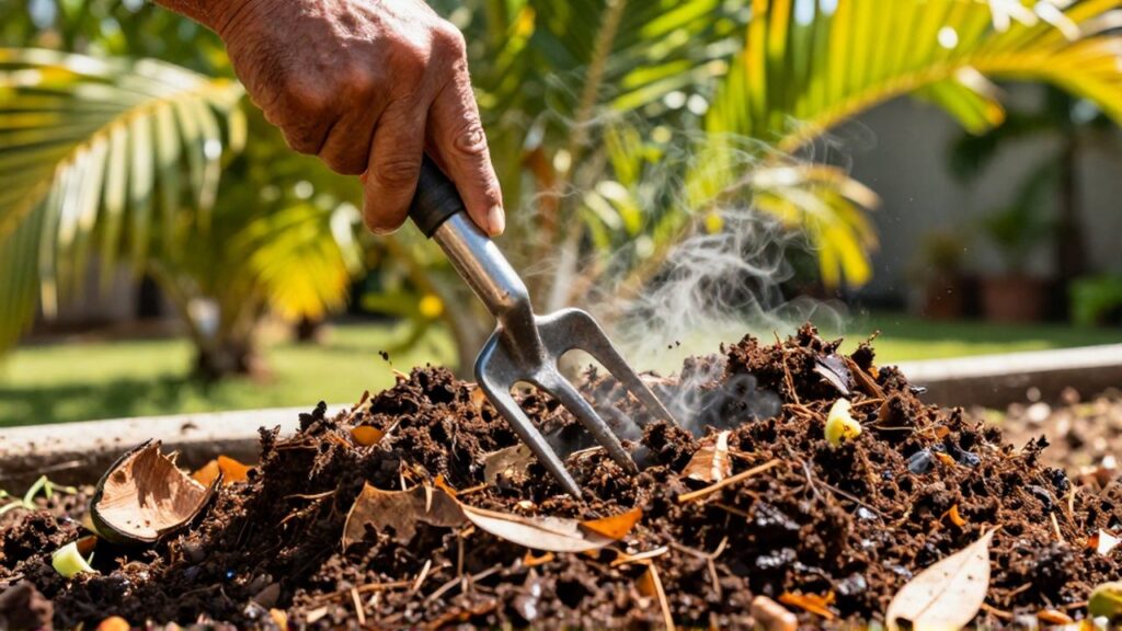 Sun-weathered hands use a metal garden fork to turn steaming