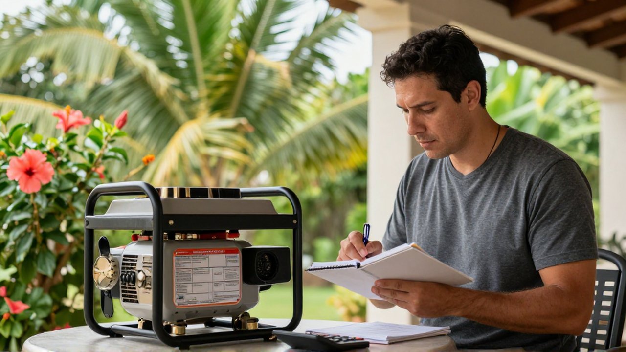 A man calculates power requirements while reading label specifications on a portable gasoline generator.