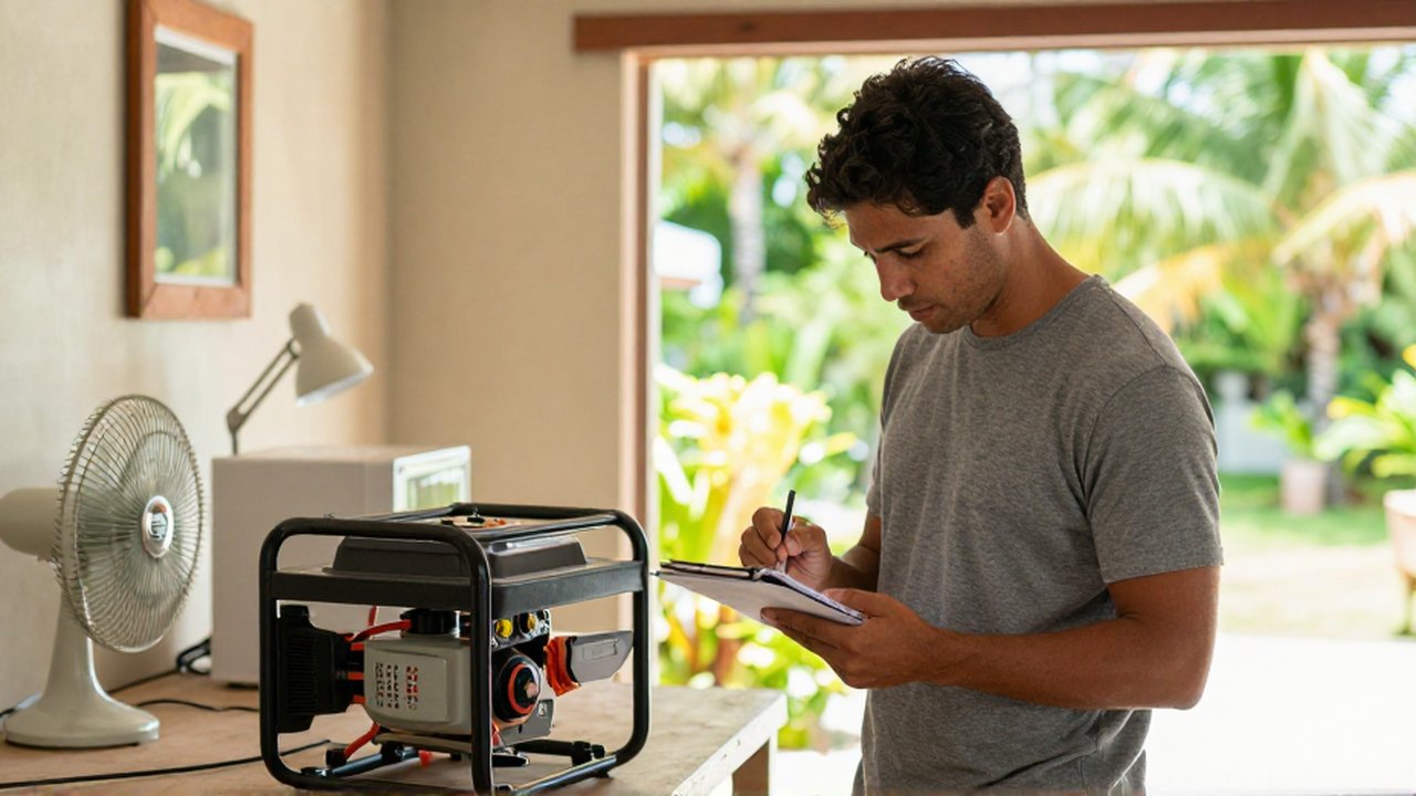 A homeowner calculates power requirements with a notepad and calculator next to a portable generator.