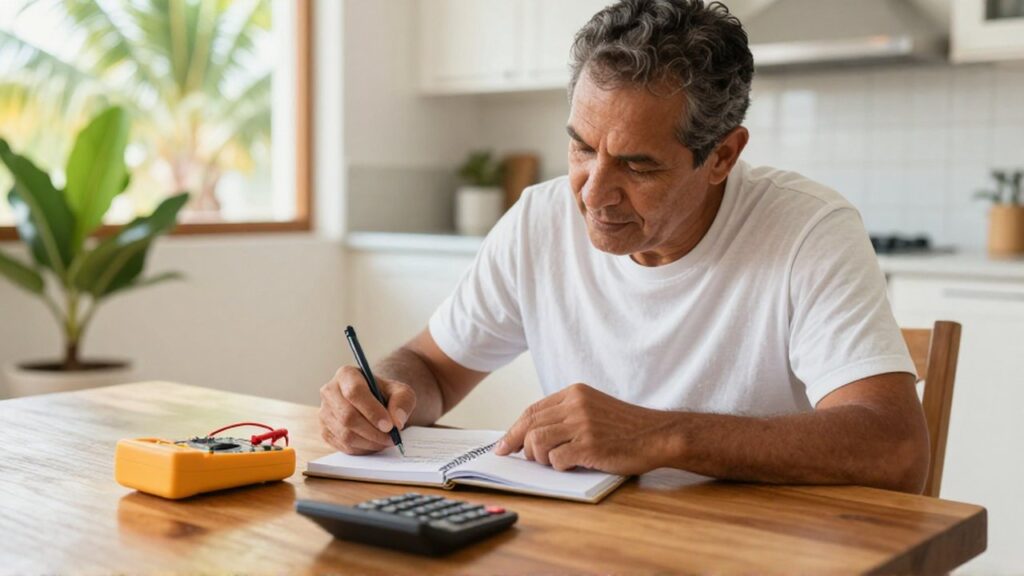 A person sits at a kitchen table calculating electrical needs using a notebook