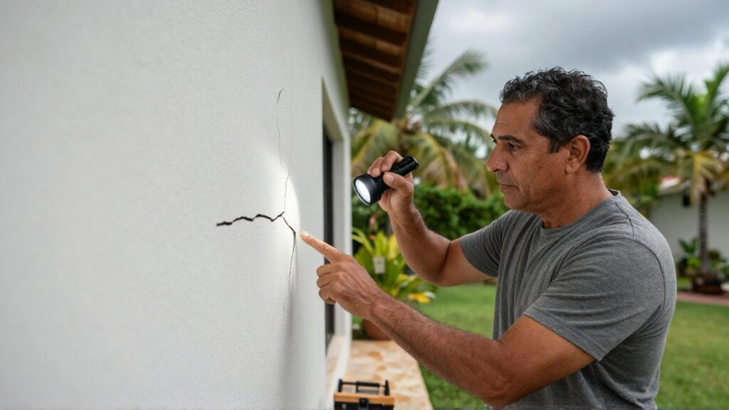 A middle-aged man uses a flashlight to inspect a hairline crack in a white stucco wall.