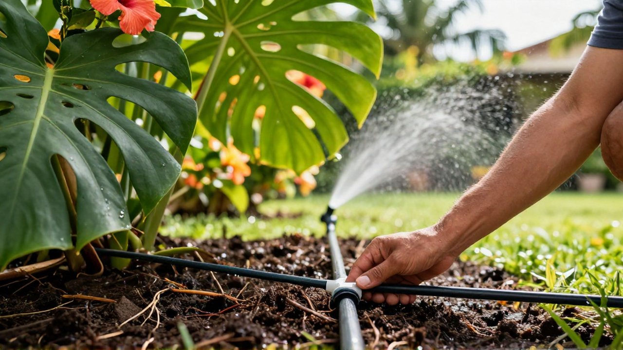 A gardener's hand adjusts a drip irrigation line at the base of a tropical plant.