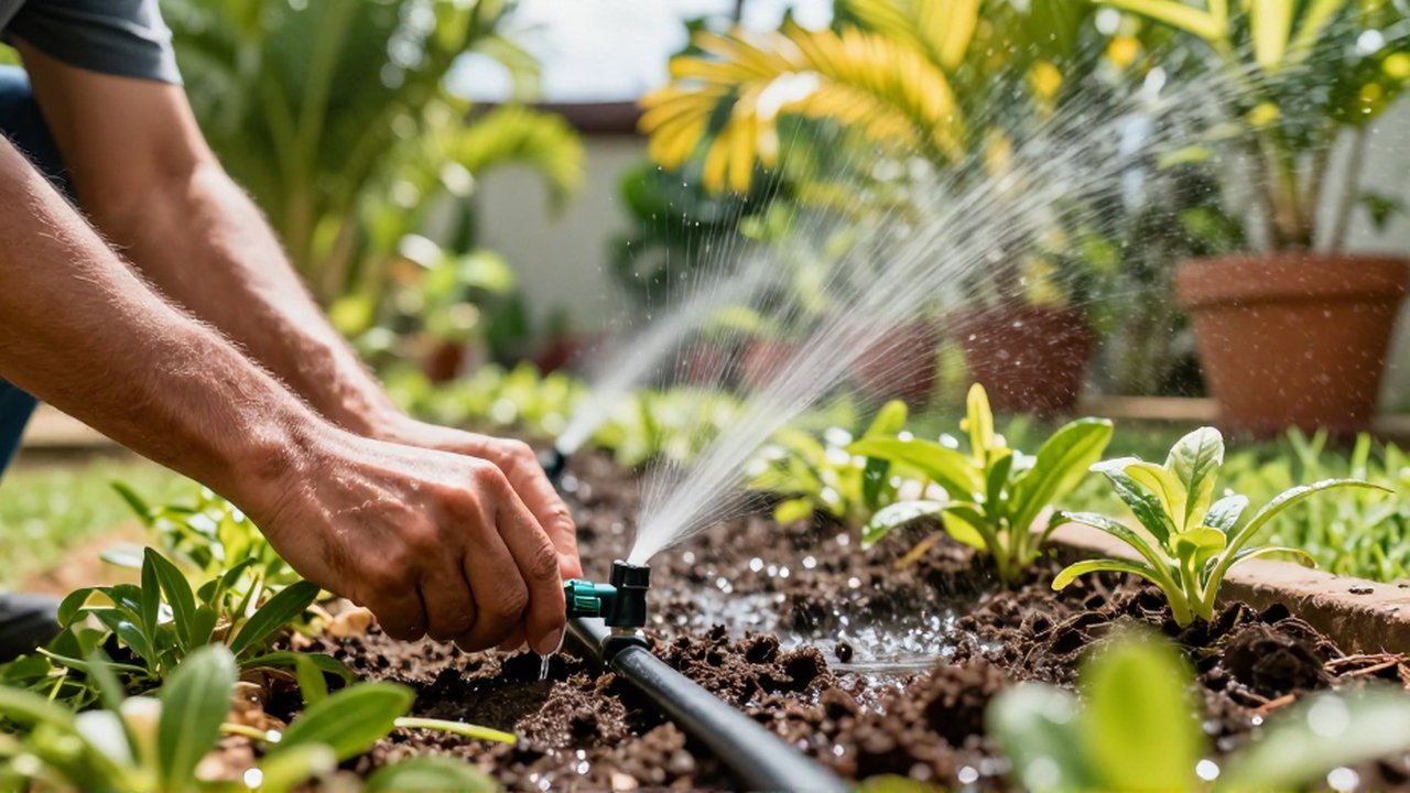 A gardener's hands install a black drip irrigation line along lush tropical plants in a sun-drenched garden.