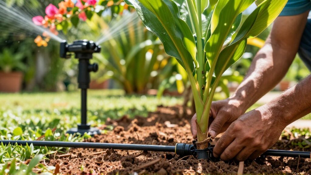 A gardener installs a black drip irrigation line at the base of a tropical plant.