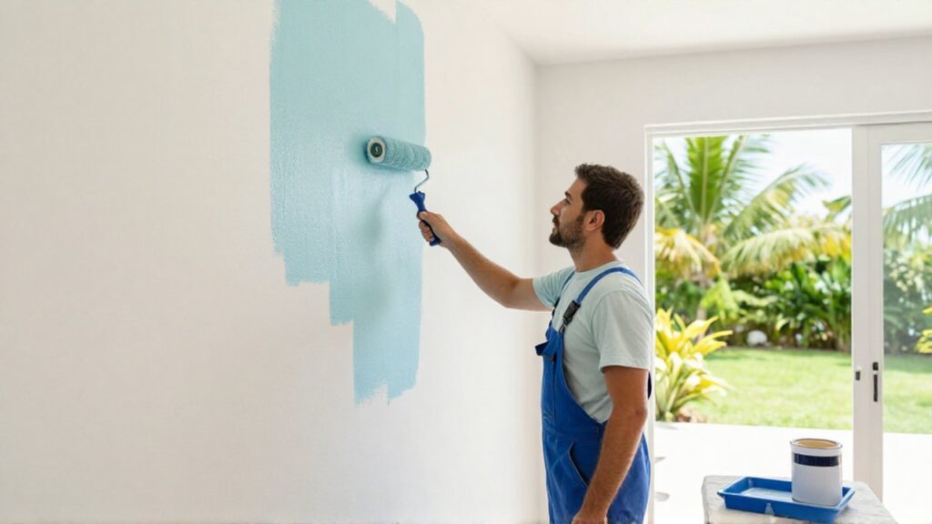A painter applies fresh paint to a bright living room wall overlooking a tropical garden.