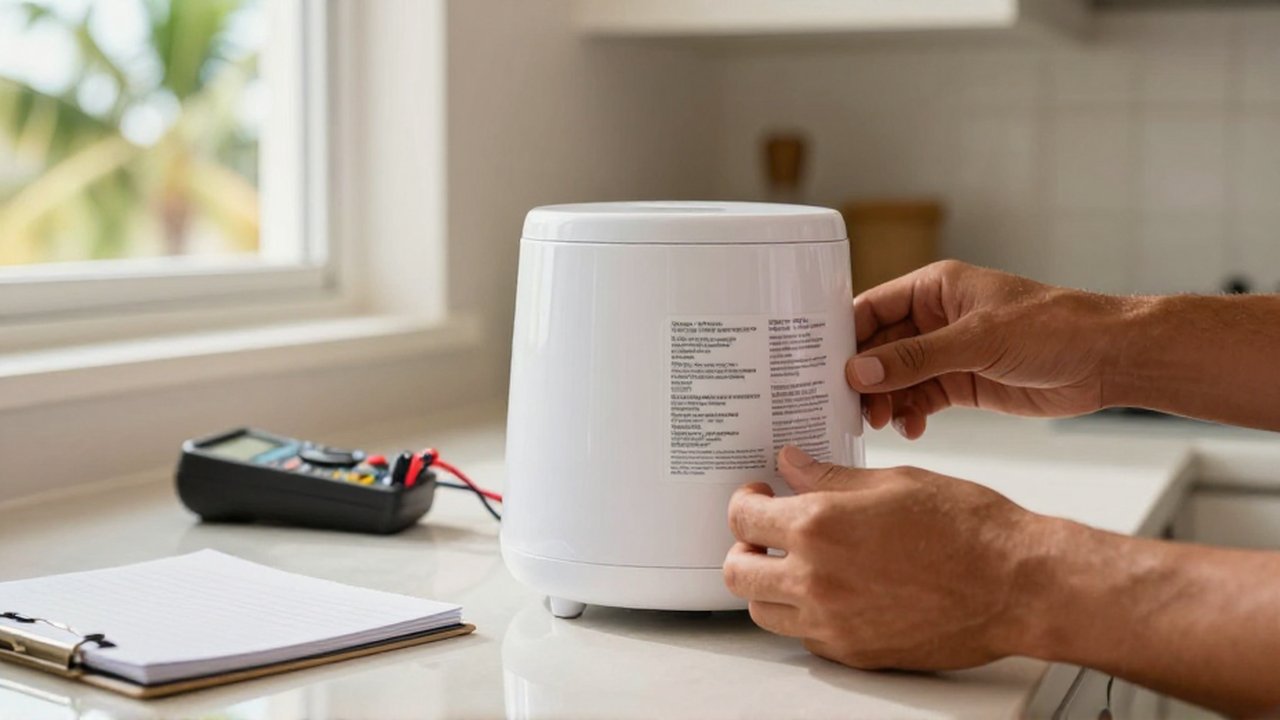Hands inspect the technical voltage and frequency label on the back of a kitchen appliance.