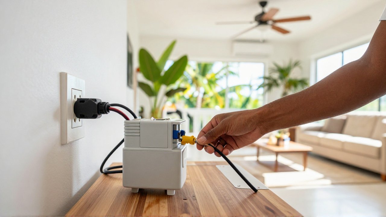 Hands carefully connect a modern appliance cable to a heavy-duty voltage transformer in a bright living room.