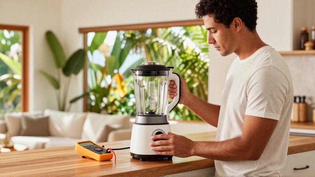 A person inspects the technical specifications on the back of an electric blender in a bright kitchen.