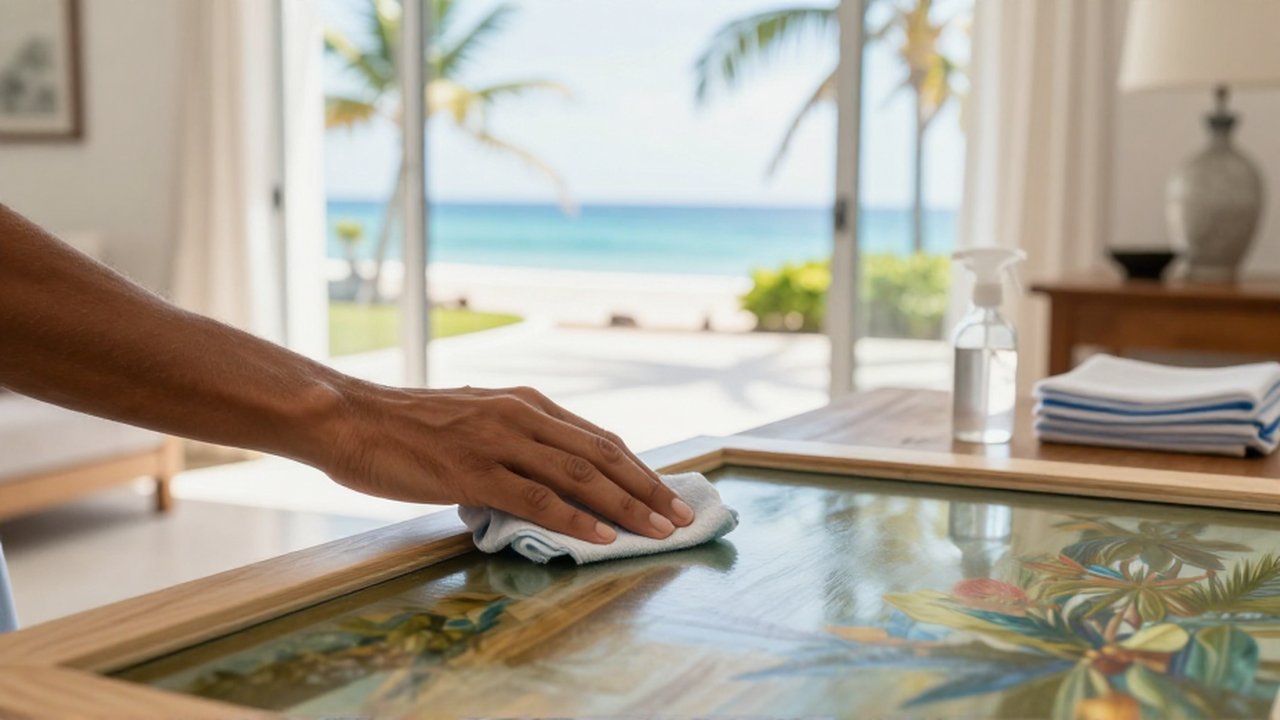 Hands use a microfiber cloth to clean the glass of a framed painting in a sunlit room.