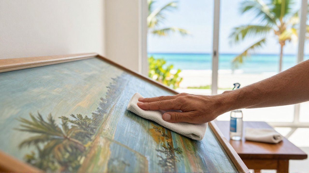 Hands in microfiber gloves carefully wipe salt residue from a glass-framed painting in a bright coastal living room.