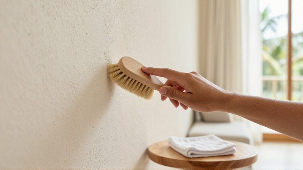 A person uses a soft brush to gently clean dust from a textured beige plaster wall.