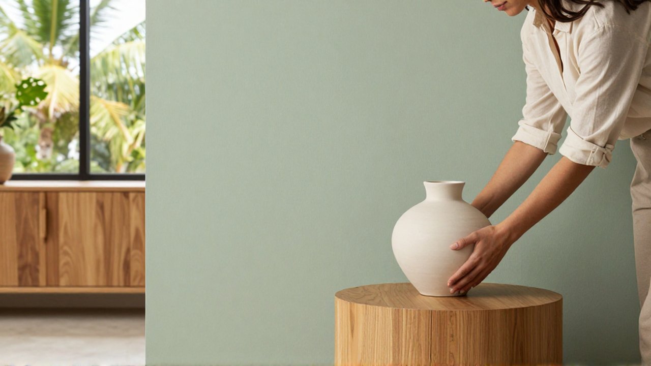 An interior designer places a ceramic vase on a natural oak side table against a sage green wall.