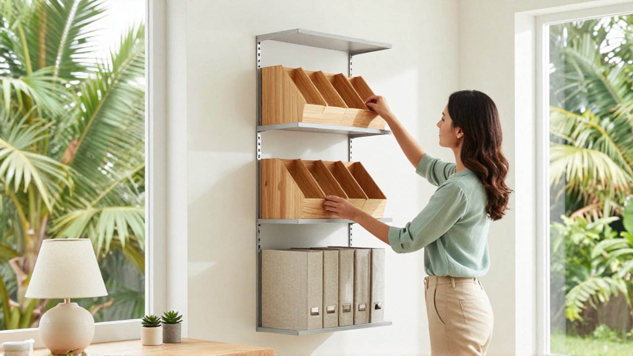 A woman organizes minimalist wooden organizers and linen file boxes on a wall-mounted shelving unit in a bright home office.