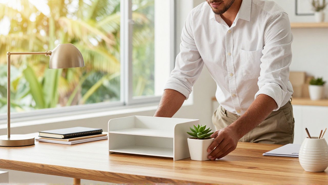 A man in his thirties organizes a minimalist wooden desk in a bright, tropical home office.