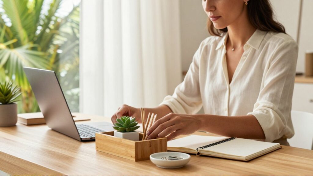 A professional woman organizes minimalist stationery and a succulent on a wooden desk in a sunlit
