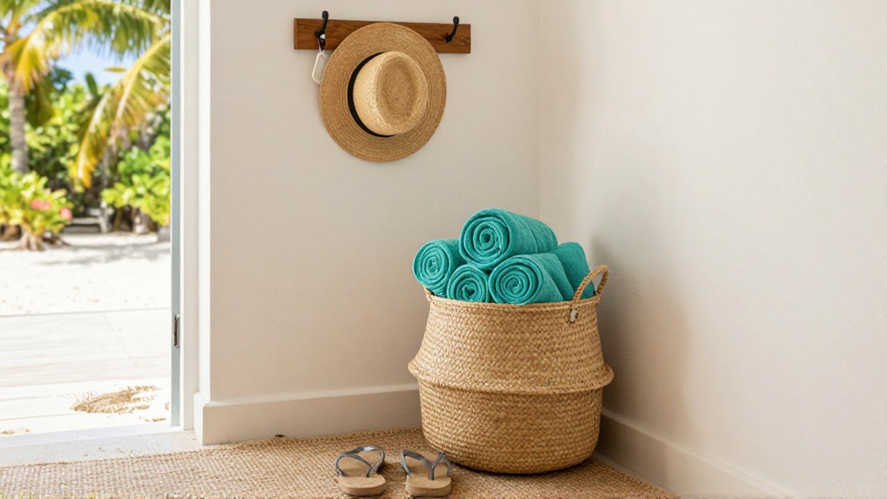 A woven basket of turquoise towels and sandy flip-flops rest on a jute rug in a sunlit entryway.
