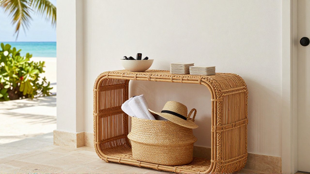 A rattan console table in a bright entryway holds keys and coasters above a basket of beach towels.