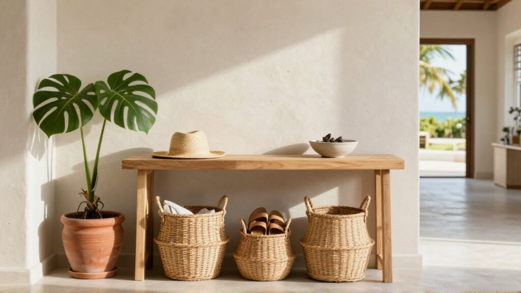 A light wood console table with wicker baskets and a straw hat in a bright