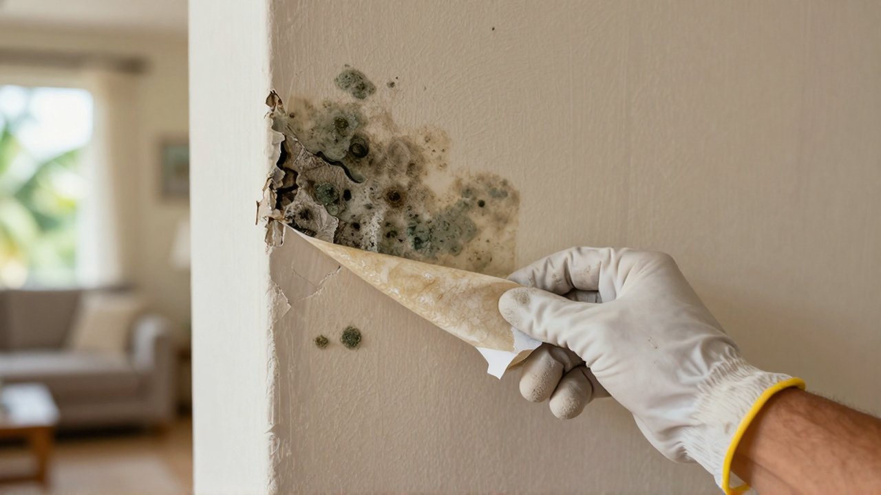 A gloved hand peels back damp, discolored wallpaper to reveal mold and water stains on a wall.