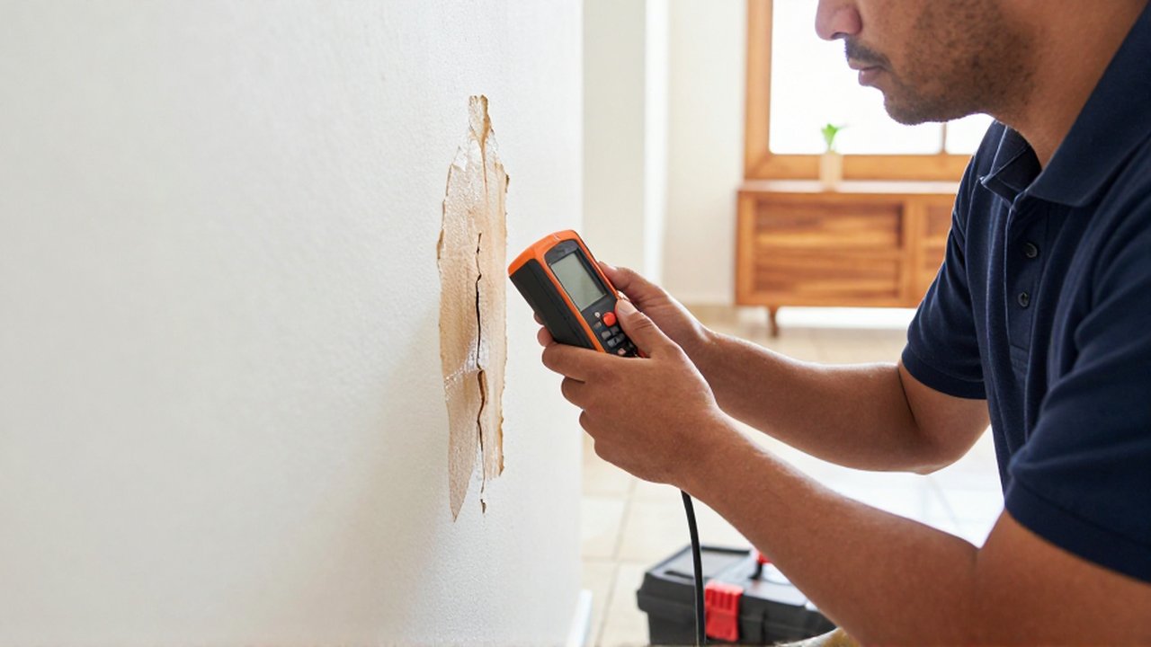 A technician uses a moisture meter to inspect a water-damaged patch on a white wall.
