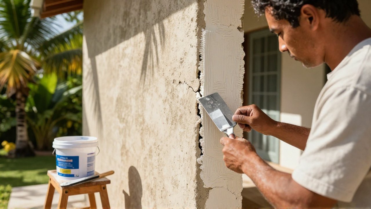 A maintenance professional uses a putty knife to apply white filler into a crack on a concrete wall.