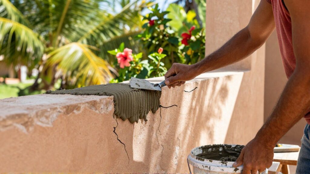 A handyman uses a metal spatula to apply grey masonry filler into a crack on a concrete villa wall.