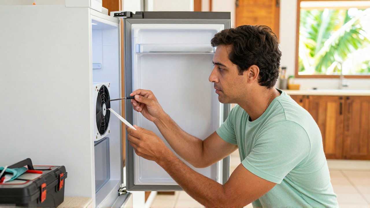 A homeowner uses a screwdriver to inspect the back of a refrigerator in a sunlit kitchen.
